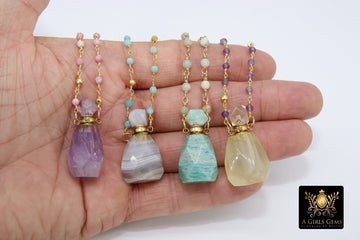 Perfume Bottle Rosary Chain Necklace, Essence Oil Crystal Quartz, Blue Turquoise Gold Pyrite Necklace - A Girls Gems